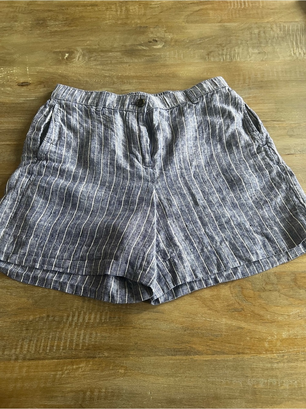 J. Crew Blue and White Striped Linen-Blend Women's Shorts 6 inch inseam.
